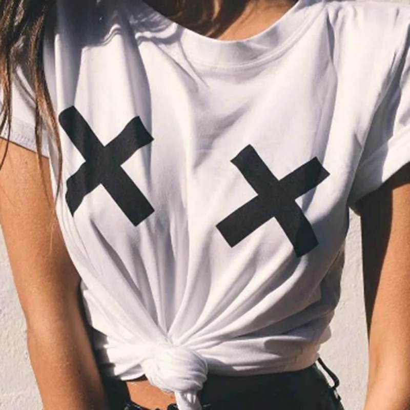 

2019 summer new round neck printed heart print × pattern casual chest block printing T-shirt