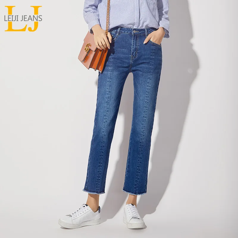 LEIJIJEANS, Новинка осени, с кисточками, средний синий цвет, высокая талия, длина по щиколотку размера плюс, L, отбеленные, тонкие, прямые джинсы для женщин, деним, 7164