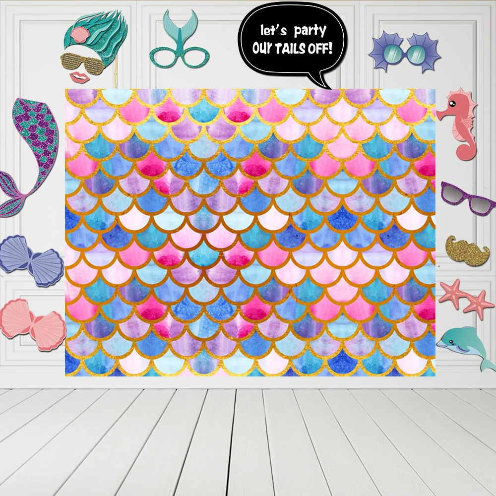 

HUAYI 6.5x5ft Mermaid theme party photo backdrops background with 26 Pcs Cute Mermaid Photo Booth Props baby shower Xt-6933