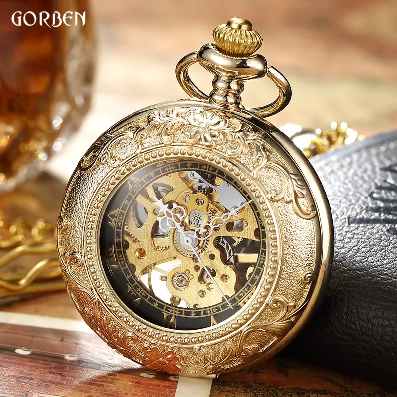 Meilleur Luxe Rétro Creuse D or Squelette Mécanique Montre De Poche Mens Fob Chaîne En Acier Exquis Sculpture Femmes Hommes Poche Wath Gifs