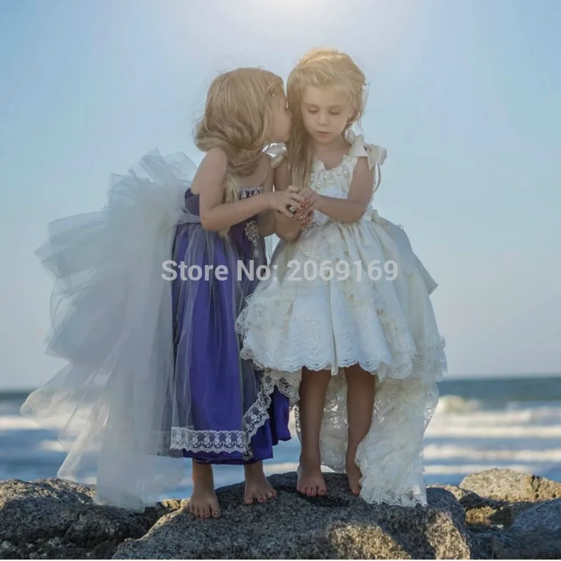 Высокая Низкая Платье в цветочек для девочек цвета слоновой кости для свадьбы слои кружева лента с бисером 2019 пляж Весна Пышное детское