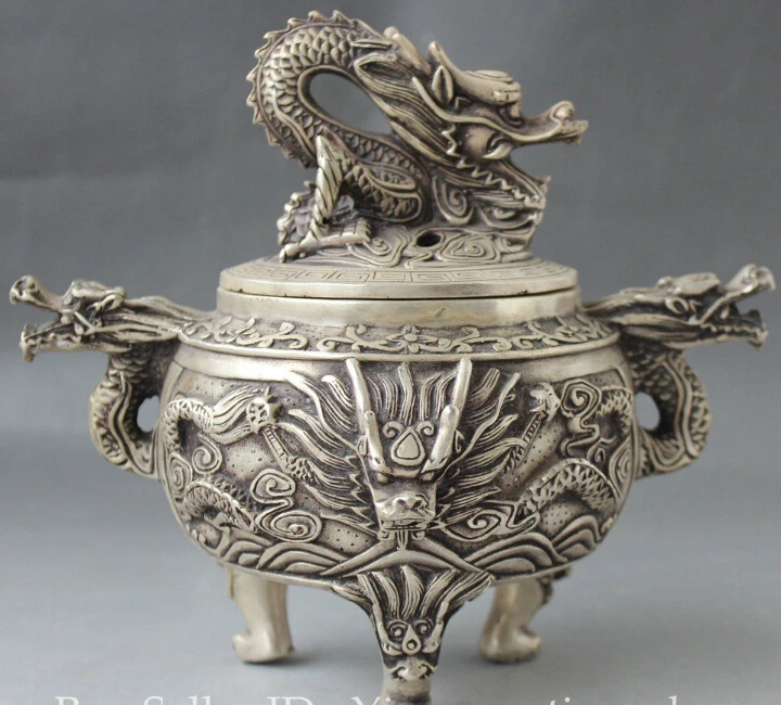 

8" Marked Chinese Dynasty Palace Silver 3 Leg Dragon Head Incense Burner Censer