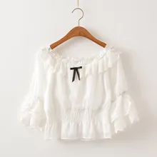 Женская белая блузка в стиле Лолиты, винтажные кружевные великолепные Блузы с оборками, модные шифоновые короткие рубашки принцессы с расклешенными рукавами для девочек