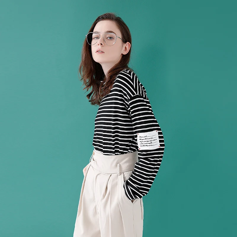 

Toyouth Striped Basic T-Shirts For Women 2019 Spring Patch Long Sleeve Tee Shirt Femme Slim Thin Female Tops