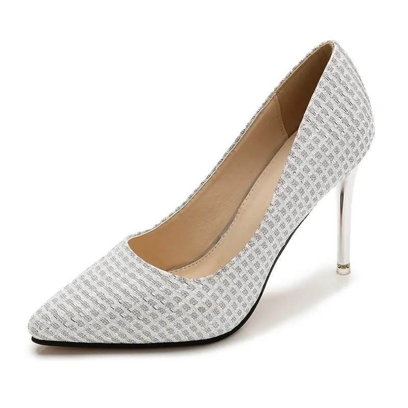 

New Spring Autumn Women High Heels Shoes Plaid Thin Heeled Basic Pumps Sequined Cloth Pumps Office Ladies Shoes MS-B0050