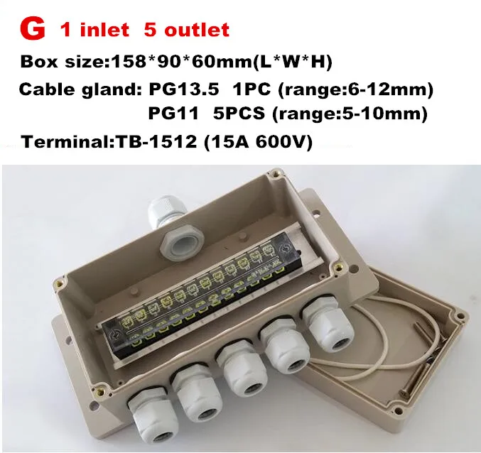 Высокое качество ABS DIY водонепроницаемая распределительная коробка, многофункциональная электрическая распределительная коробка с терминал TB блоки TB1508 TB-1512 - Цвет: G 1 inlet 5 outlet