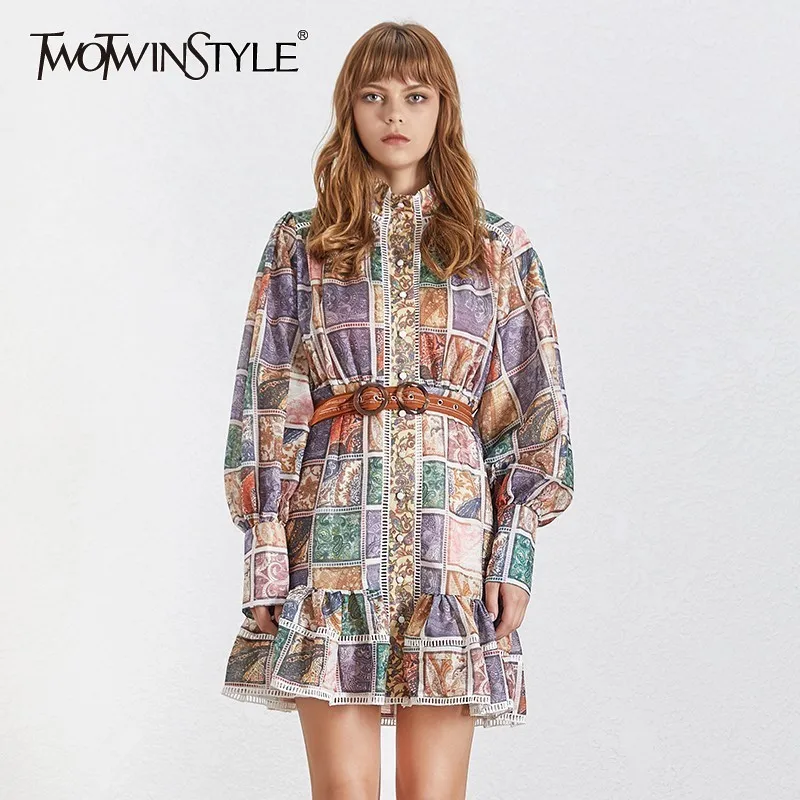 

TWOTWINSTYLE 2019 Print Dress Women Vintage Stand Collar Long Lantern Sleeve Sashes Slim Summer Mini Dresses Female Fashion New