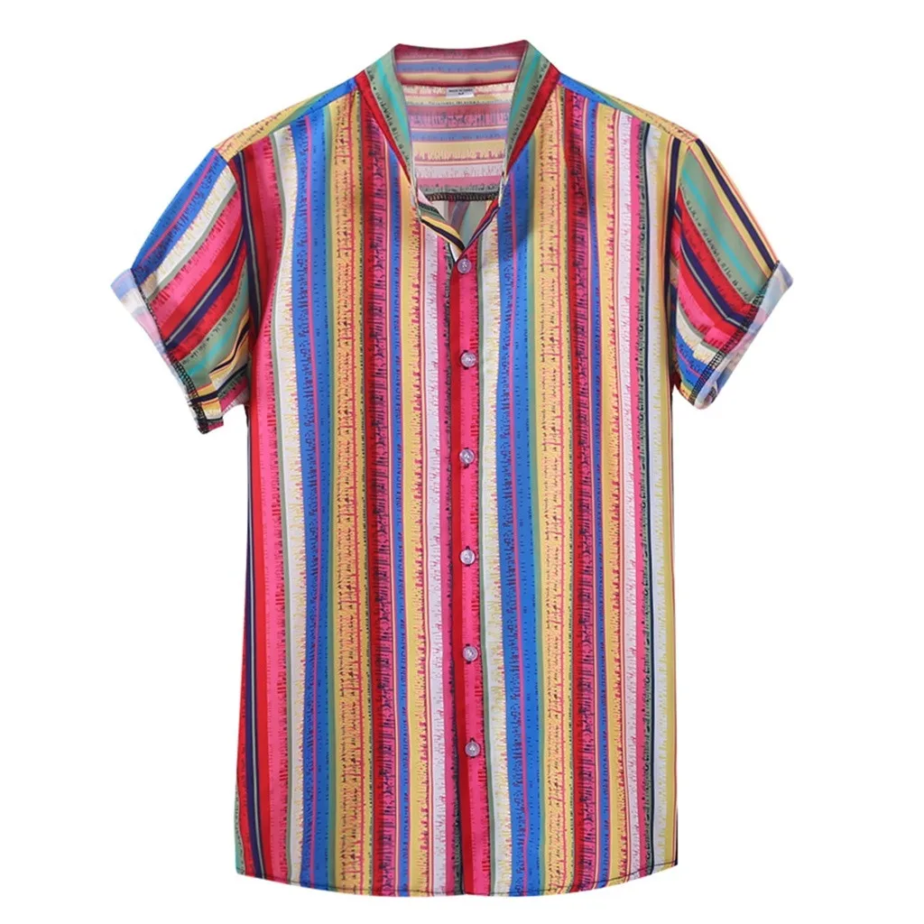 

Men Shirt Summer Mens Ethnic Printed Stand Collar Colorful Stripe Short Sleeve Loose Shirt Casual Shirts Daily Tops