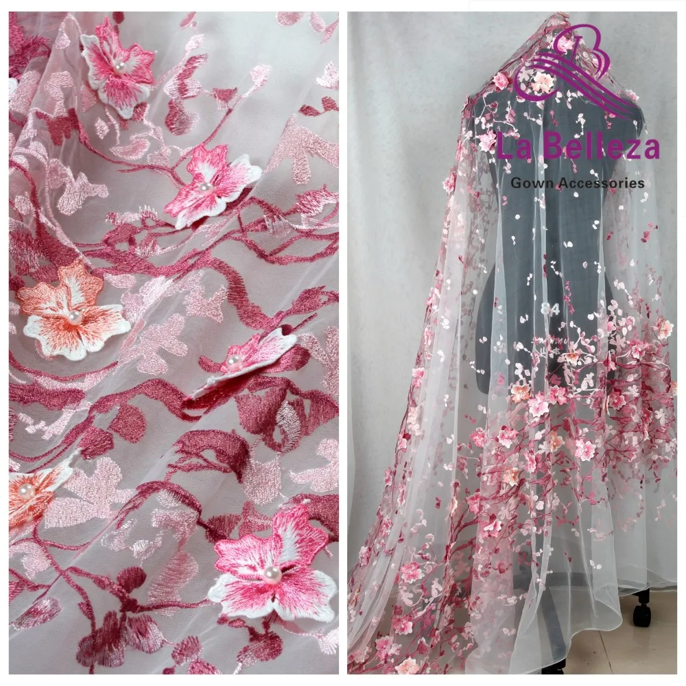 La Belleza Новая розовая/синяя смешанные цвета с 3D цветами жемчуг на сетчатая Кружевная аппликация Ткань 1 ярд
