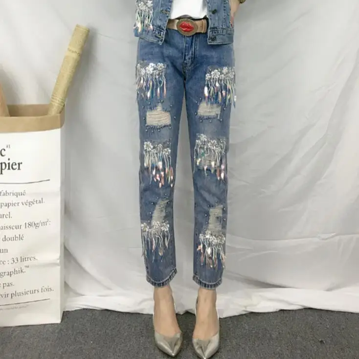

Vintage Ripped Jeans Women 2019 Spring Pants Capris Skinny Hole Stretch ankle Length Jeans sequined Tassel Pants