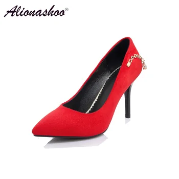 

Women Pumps With Crystals Pointed Toe Ladies Sexy High Heel Shoes Red Black Chains Wedding Party Shoes Ladies Large Size 34-42