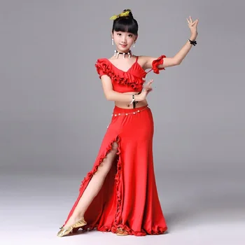 

Girls Belly Dance Costumes Sexy Clothes Long Skirt Milk Silk Dresses Indian Tribal Dancewear Kids Belly Dancing Practice DN1120