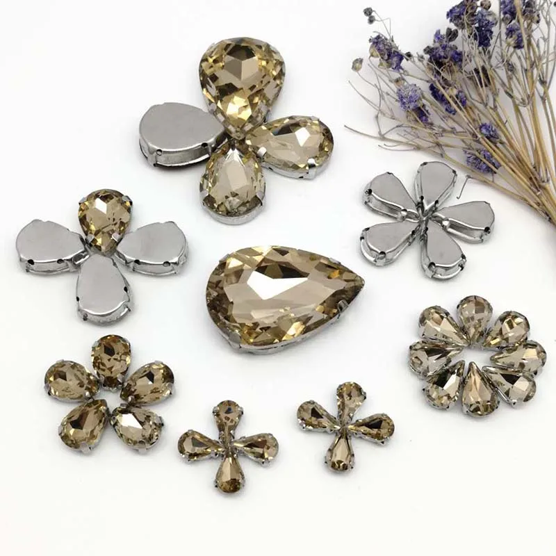 

35pcs 8Sizes MIX Light coffee DR shape Crystal Glass Sew-on Rhinestones Silver Bottom DIY Mobile phone shell and Wedding dress