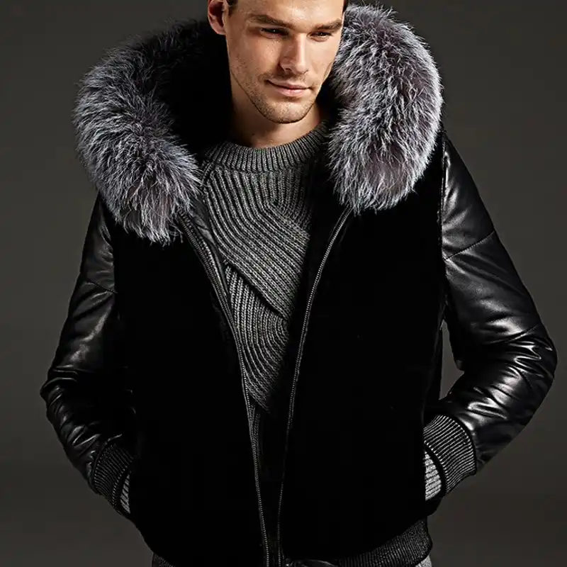 Mens leather coat with fur trim Clearance
