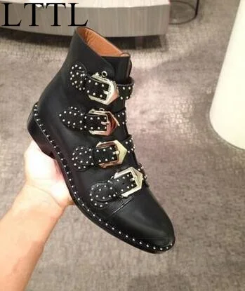 

Hot Selling Hot Black Studded Multi-Buckle Boots Punk Style Flat Women Ankle Boots Black Leather Fashion Winter Fall Boots