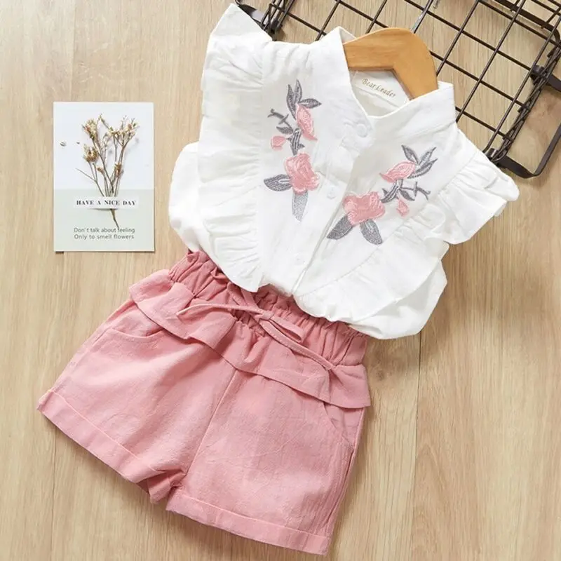 

2019 Kid Baby Girls Clothes Ruffles Floral Embroidery Shirts Singlet Breasted Tops+Bow Pink Shorts Sets Cotton Outfits Sunsuit