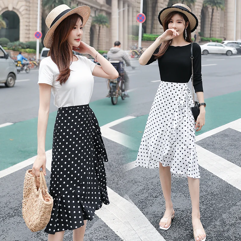 

Customize Made Women Plus Size 3XS-10XL Casual Retro Vintage Polka Dot Print Irregular Wrap Skirt Lady's Midi Mermaid Skirts