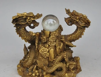 

6"china fengshui brass animal zodiac 2 Ssangyong Double Dragon play Bead statue