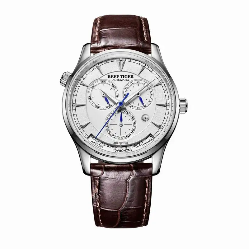 Риф Тигр/RT автоматические мировые часы для мужчин белый циферблат стальные часы с датой день RGA1951 - Цвет: RGA1951YWS