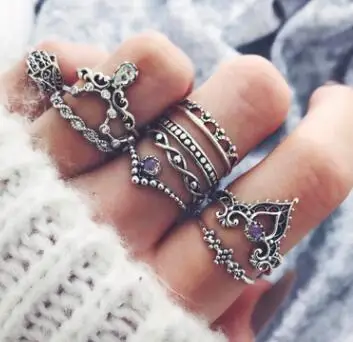 

10pcs/Set Bohemia Flower Crystal Rings Set Gold Silver Knuckle Finger Midi Rings for Women Party Jewelry