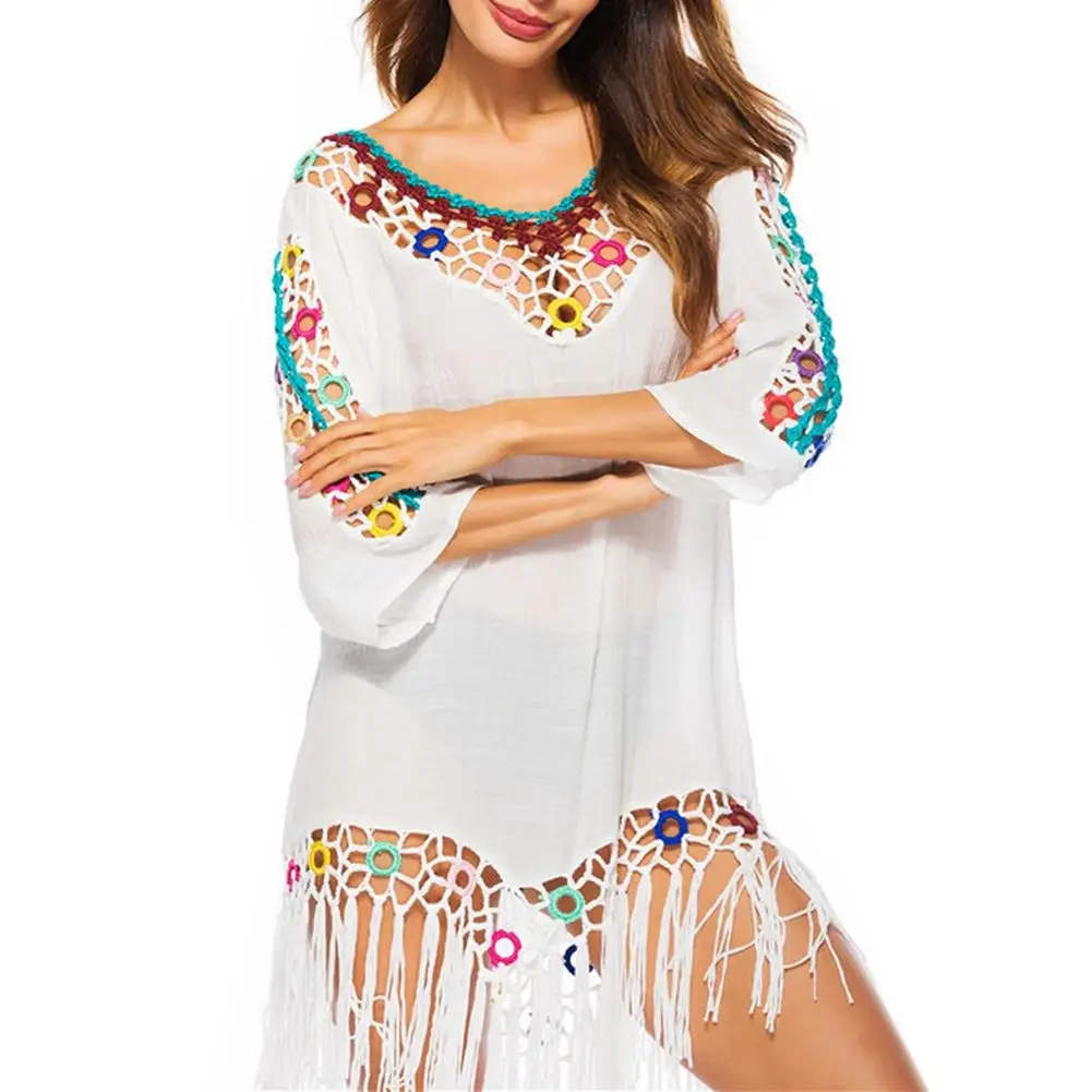 Buy 2018 New Beach Cover Up Bikini Crochet Knitted Tassel Tie Beachwear Summer