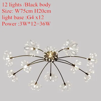 12 lights -Black Современный Цветочный Хрустальный светодиодный светильник-люстра G4, светодиодный потолочный светильник для гостиной, люстры, дизайнерский светильник - Цвет абажура: 12 lights -Black