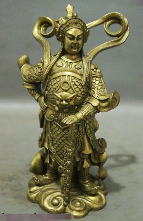 

S7057 8" Chinese Bronze Buddhism Brass Warrior Veda Skanda Lion Protect Buddha Statue D0317