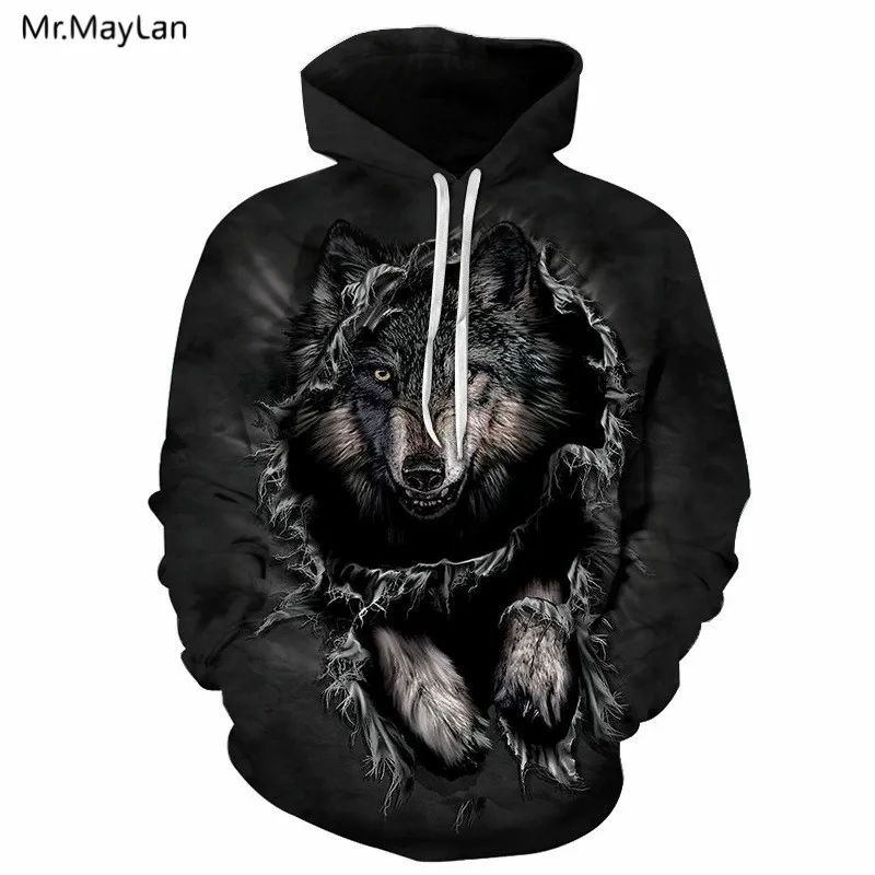 Mr. MayLan 2018 новый принт животных Волк 3D Толстовка с капюшоном черный человек толстовки мужские и женские свободные забавные уличные пуловеры