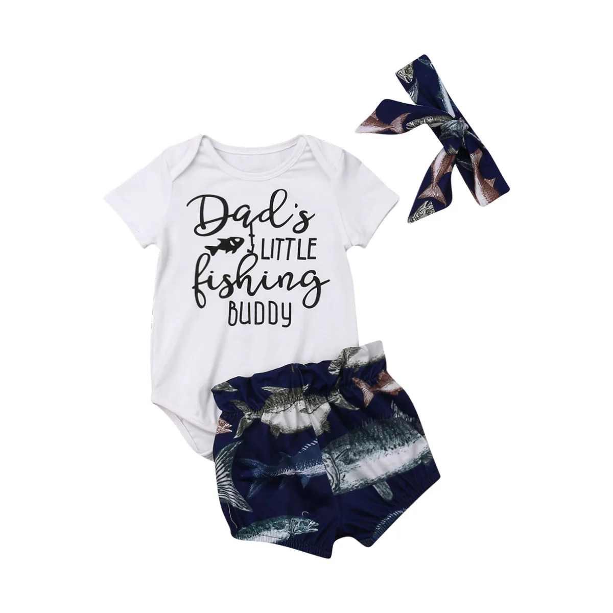 

2019 New 3Pcs Baby Girls Boys Dad's Little Fishing Buddy Romper Short Sleeve Top Fish Shorts Headband Summer Outfits 0-24M
