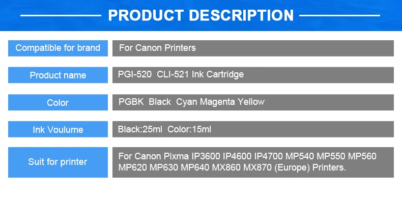 10 шт чернильные картриджи PGI 520 CLI 521 для Canon PIXMA iP 3600 4600 4700 MP 540 550 560 620 630 640 980 MX860 принтер с чипом