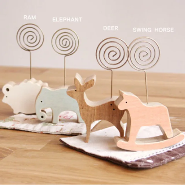 Card Holder 1pc Wood Stand Ram Elephant Horse Deer Bookends Desktop Photo Memo Note Clip Office Stationery Decor Card Holder