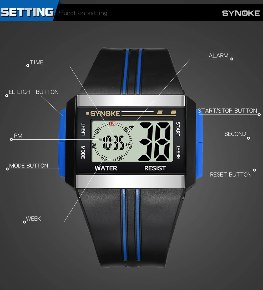 Men Sports Watch Digital Alarm Chrono 3Bar Waterproof Watches Back Light Square Fashion Women Auto Week LCD Clock Female Gifts