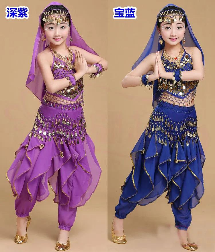 Костюм для танца живота для девочек, детское платье для индийского танца, Детские Танцевальные Костюмы Болливуда для девочек, танцевальная одежда для выступлений, 6 цветов