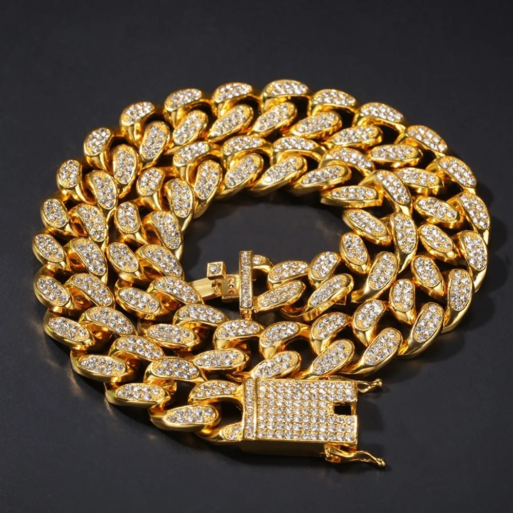 Uwin 20 мм тяжелая кубинская цепочка ожерелье и браслет набор полный льдом Стразы Bling хип-хоп ювелирные изделия для мужчин