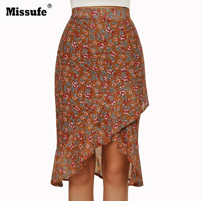 

Missufe High Wasit Beach Mermaid Skirts For Women Irregular Floral Print Knee Length Boho Summer Chiffon Skirts