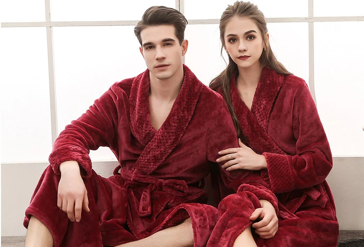 Queenral Man And Woman Robe Winter Long Bathrobe Warm Flannel Satin Male And Female Robes Sleepwear Sexy Pajamas Nightgown    