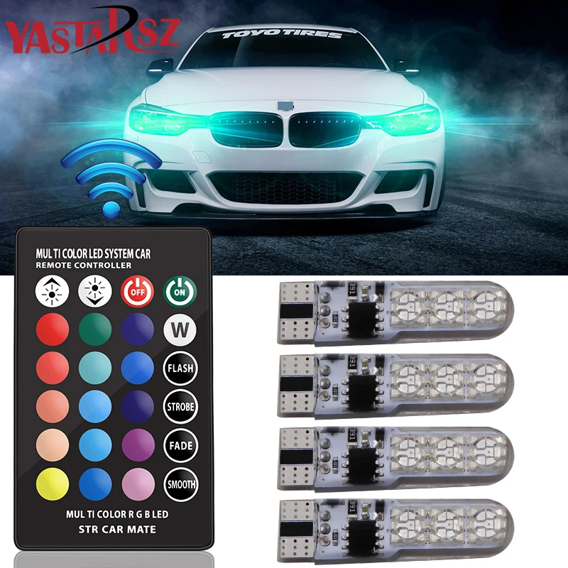 

4pcs Car RGB LED 12V T10 W5W LED RGB 5050 SMD Signal Lamp Reading Wedge Light Car Interior Decorative Lights Remote Car styling