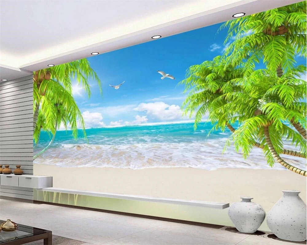 Beibehang 3D Wallpaper Sea View Beach Pohon Kelapa Foto Pemandangan