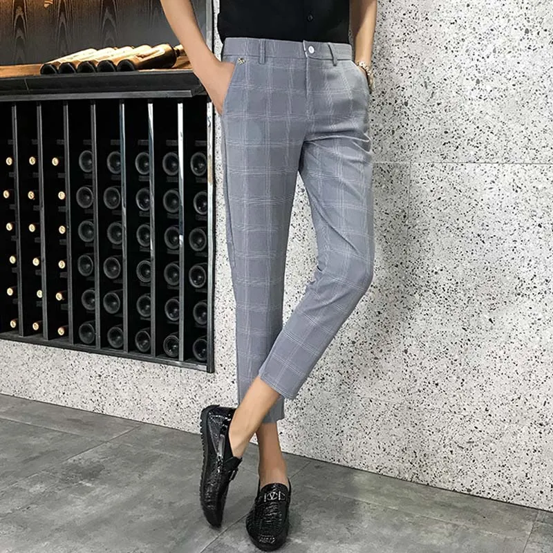 2019 New Summer Men'S Business Casual Nine Pants Pants Groomsmen Party Host Must-Have Versatile Men'S Plaid Trousers