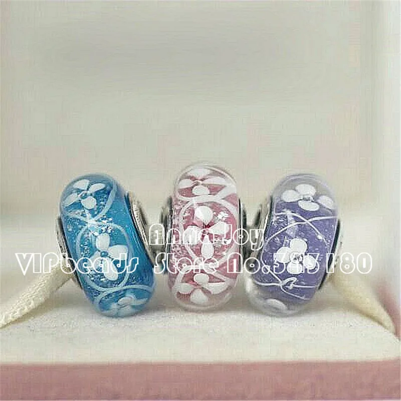 

2017 NEW 925 Sterling Silver Screw Core Blue/Pink/Purple Field of Flowers Murano Glass Charms Beads Fits All European Bracelets