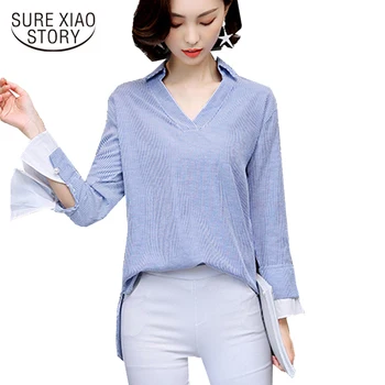 

2018 new women tops long sleeved blouses striped casual shirts women clothing office lady style V-neck female blouses D244 30