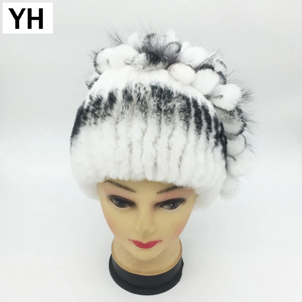 Женская зимняя трикотажная Шапка бини из натурального меха кролика|knitted cap|rex rabbit