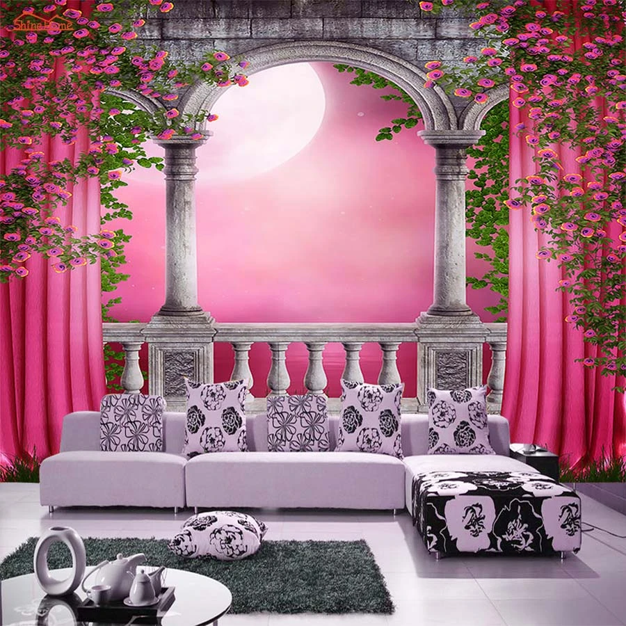 Arched Door Pink Curtain 3d Room Wall Paper Glitter Wallpaper For Walls 3d Livingroom Vintage Decal Papel De Parede Pintado Glitter Wallpaper For Walls Wallpaper For Walls 3dglitter Wallpaper Aliexpress