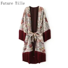 Future Time Kimono Cardigan mujer borla gasa blusa moda estampado Chaquetas Mujer Vintage abrigos cinturón cintura prendas de vestir SC655