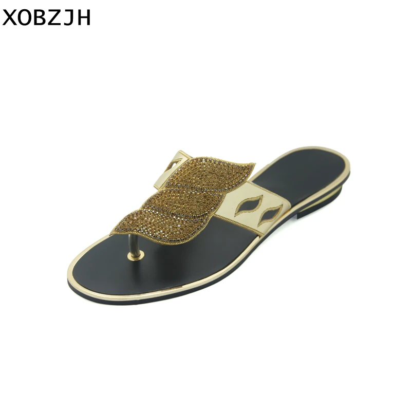 

XOBZJH Women Shoes Rhinestone Summer Flat Sandals 2019 Mature Luxury Ladies Party Gold Flip Flops Slip On Shoes Woman Plus Size
