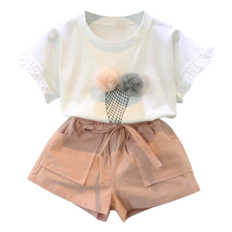 

Casual cartoon Round Collar Summer Casual Baby Girl Cartoon Pattern Short sleeve Kid T-shirts & Pants Tow-piece Outfit Set