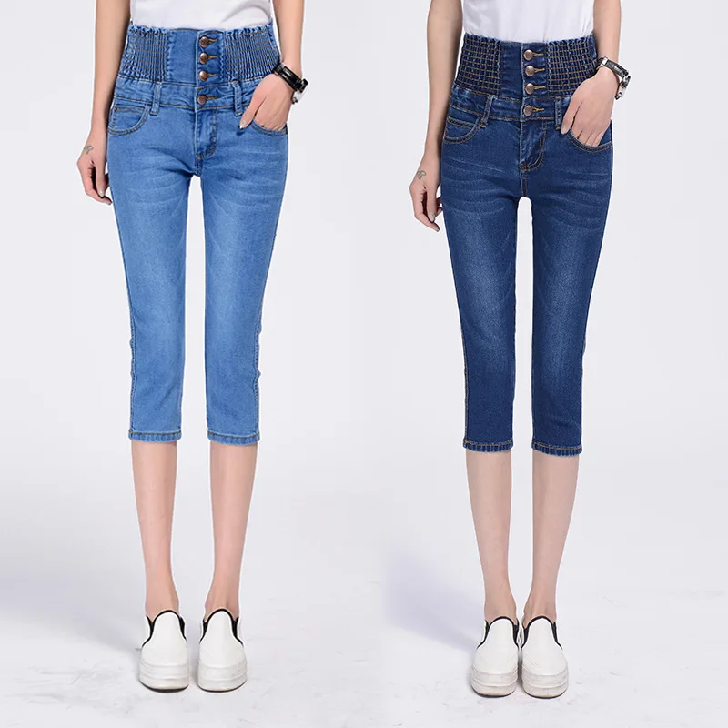 Большие размеры женские джинсы с высокой талией обтягивающие синие джинсы стрейч женские летние бриджи длиной до икры женские джинсовые