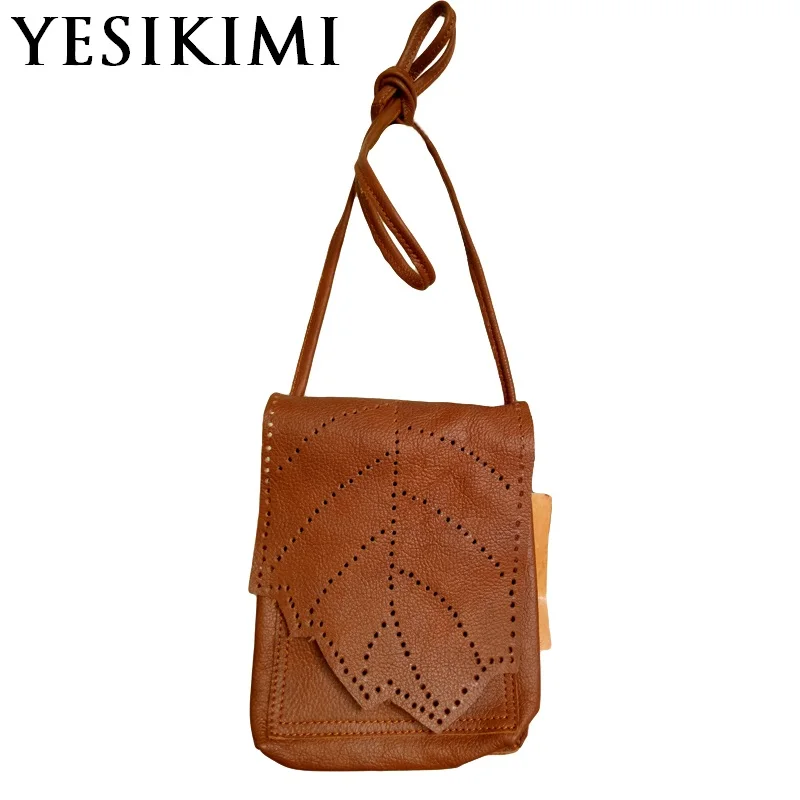 2017 New Handmade Soft Women Genuine Leather Bag Hollow Out National Leaf Shape Cover Vintage Small Messenger Bags