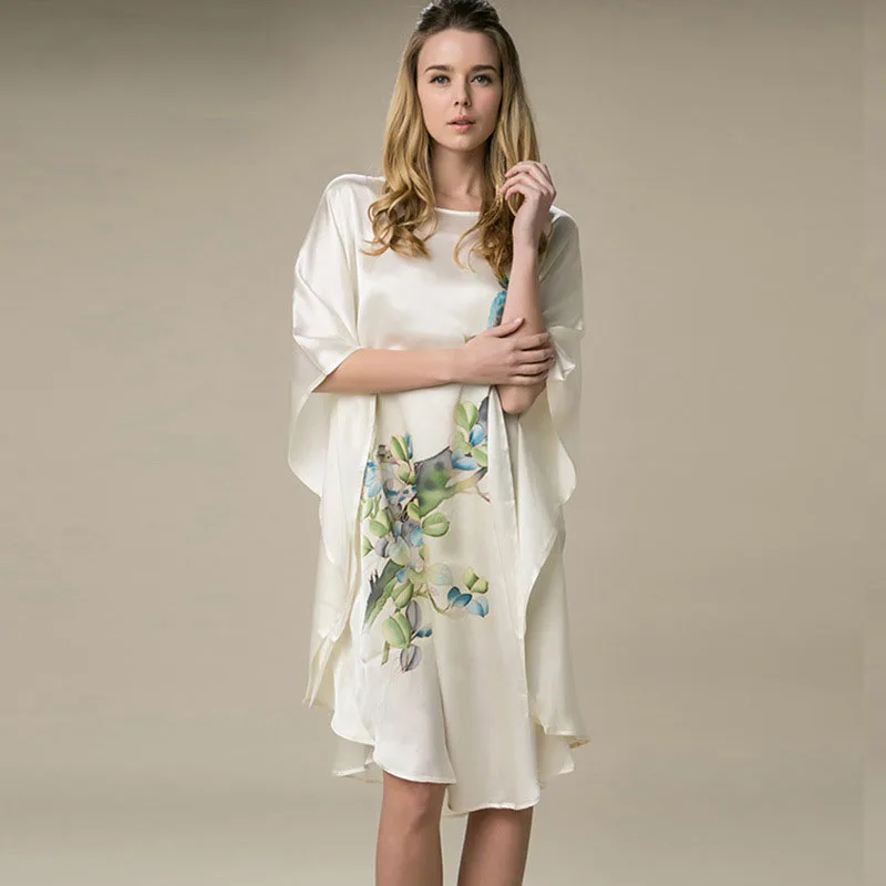 

100% Silk Satin Dress Women Silk Dresses Natural Silk Free Size Handmade Painted Dress Milk White Free Shipping