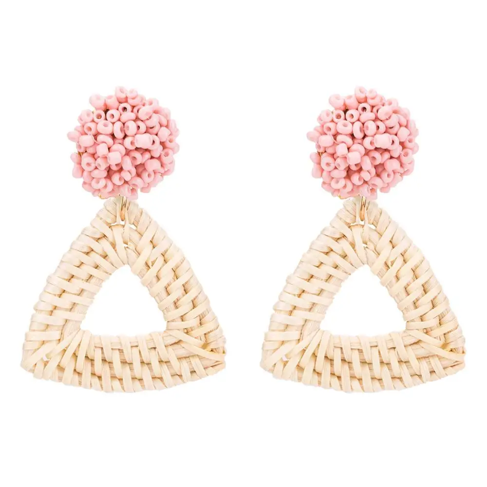 

Handmade Beads Wooden Rattan Statement Earrings For Women 2019 New Boho Handmade Triangle Drop Straw Weave Knit Vine Jewelry